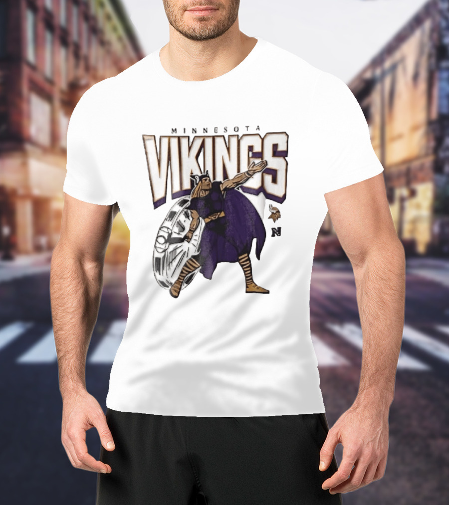 Minnesota Vikings Horned Helmet Warrior With Chrome Shield And Purple Cape T-Shirt