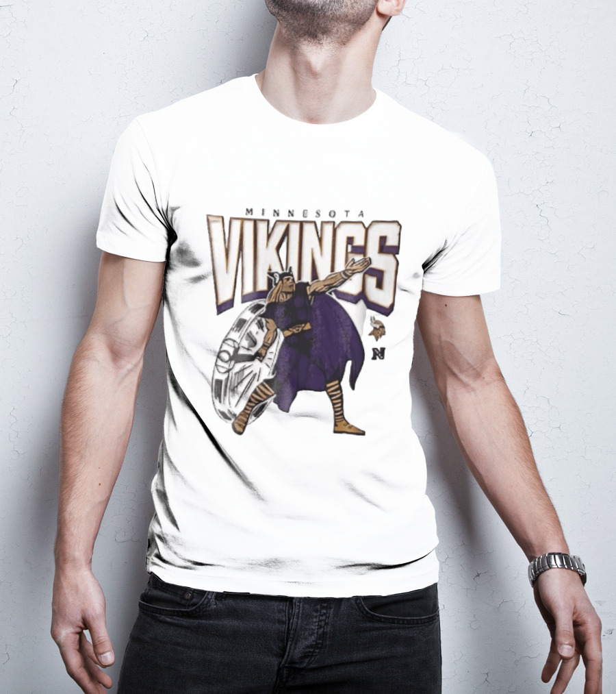 Minnesota Vikings Horned Helmet Warrior With Chrome Shield And Purple Cape T-Shirt