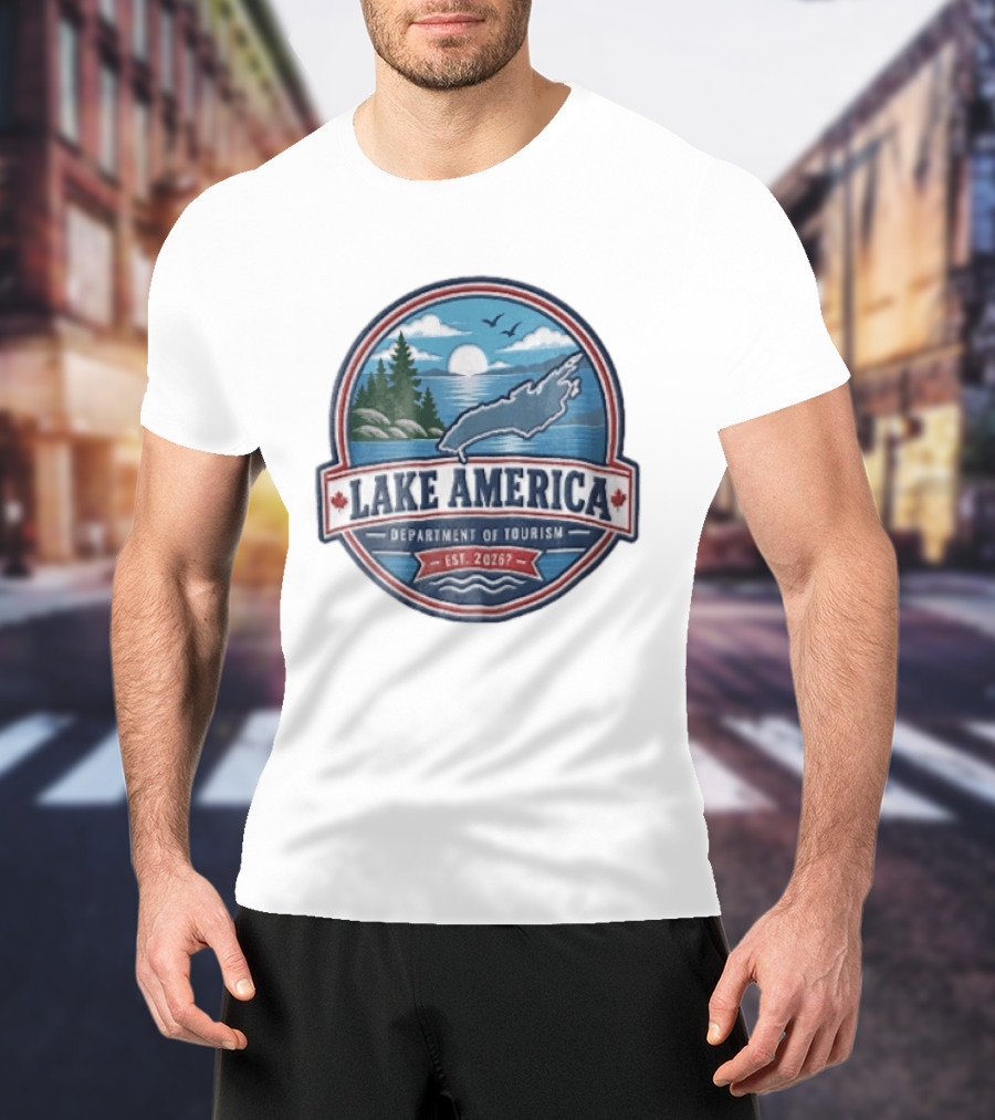 Lake America Department Of Tourism Est 2026 Circular Sunrise Pine Trees Scenic Landscape T-Shirt