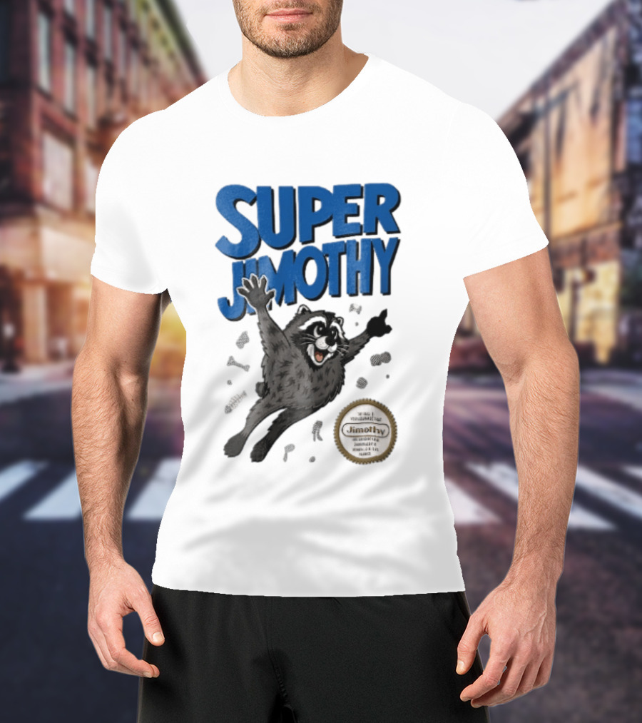 Super Jimothy Cartoon Flying Raccoon Trash Scraps Gold Seal T-Shirt