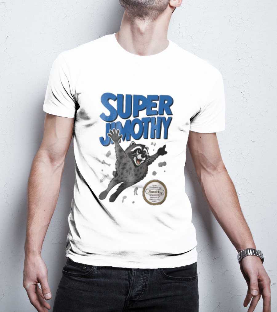 Super Jimothy Cartoon Flying Raccoon Trash Scraps Gold Seal T-Shirt