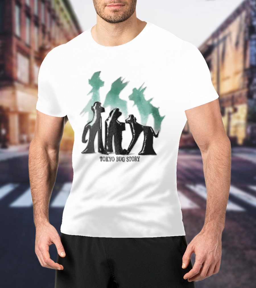 Tokyo Bug Story Glossy Black Figures Green Watercolor Shadows T-Shirt
