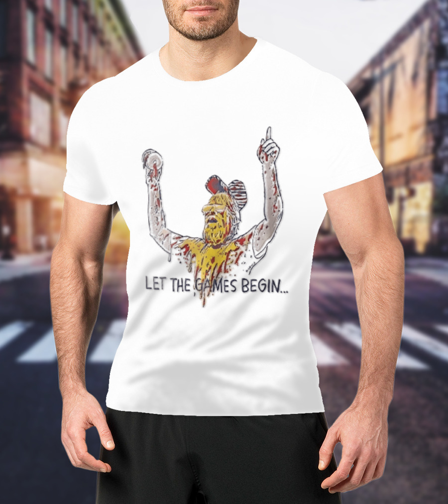 Let The Games Begin Caricature Beard Sunglasses Dripping Mustard Ketchup Line Arms Raised T-Shirt