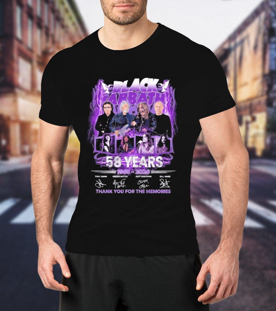 Black Sabbath 58 Years 1968 2026 Tony Iommi Geezer Butler Ozzy Osbourne Bill Ward Thank You For The Memories T-Shirt