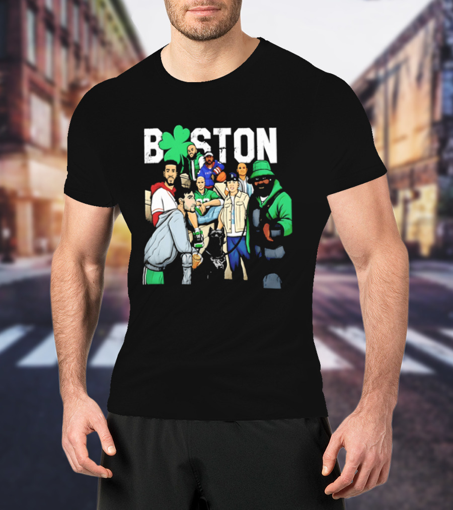 Boston Celtics Patriots Players With Shamrock And Boston T-Shirt