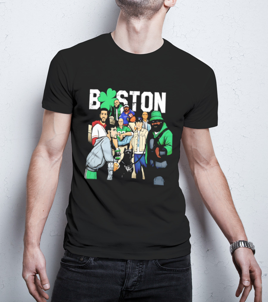 Boston Celtics Patriots Players With Shamrock And Boston T-Shirt