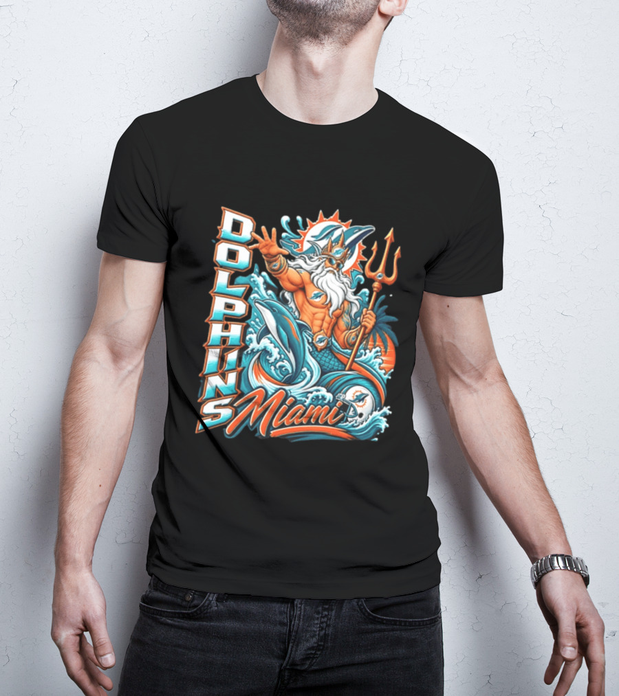 Miami Dolphins King Triton Ocean Waves Trident Dolphins T-Shirt