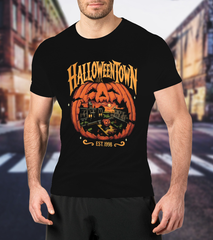 Halloweentown Est 1998 Giant Pumpkin Town Square Portal Scene T-Shirt
