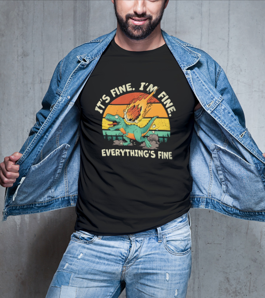 It's Fine I'm Fine Everything's Fine Cartoon Rex Running Meteor Sunset T-Shirt