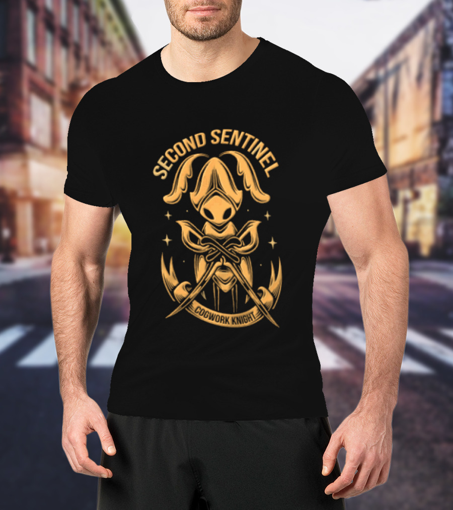 Second Sentinel Cogwork Knight Horned Insect Warrior Crossed Swords T-Shirt