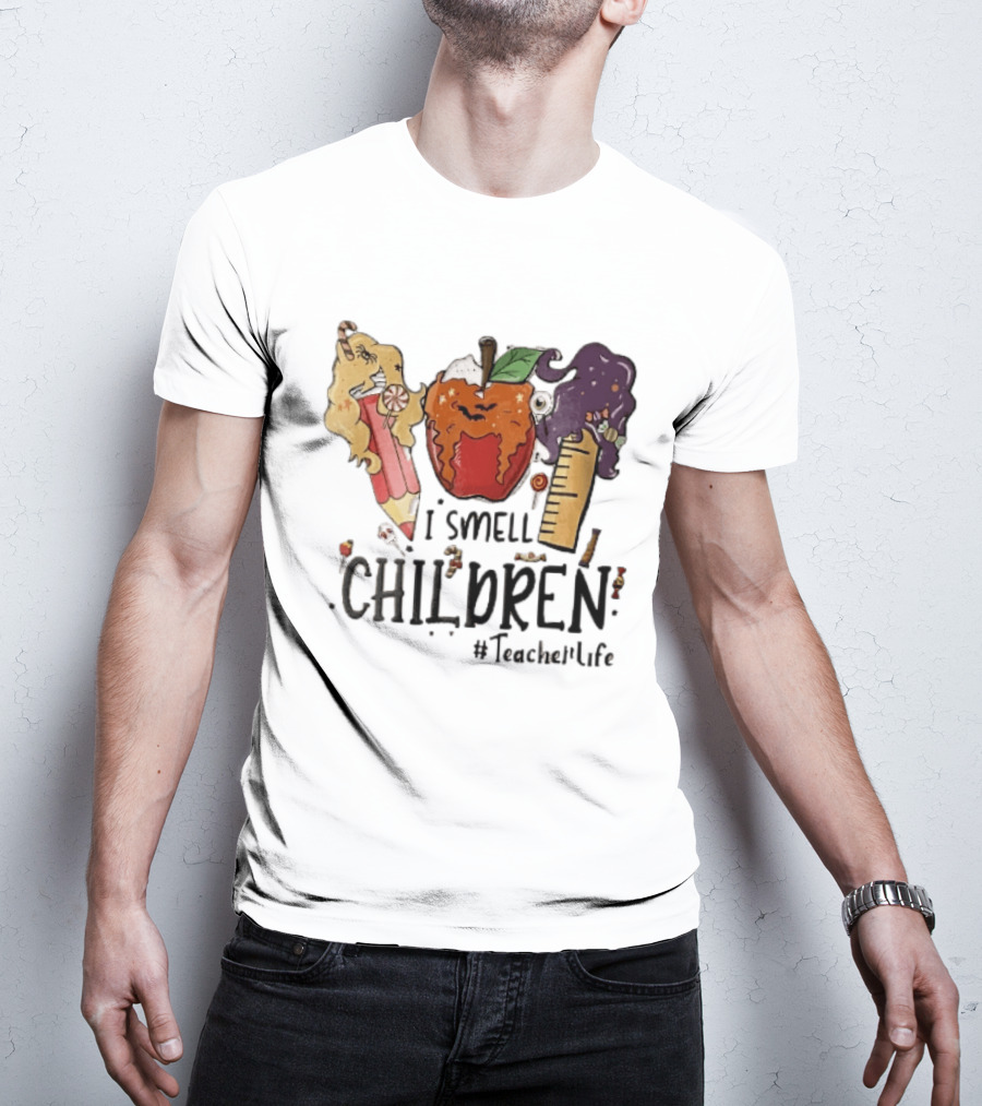 I Smell Children Teacherlife Sanderson Sisters Halloween Pencil Apple Ruler Cartoon T-Shirt