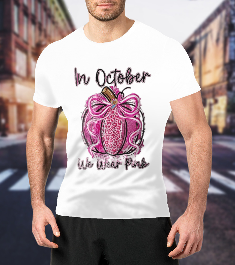 In October We Wear Pink Leopard Pumpkin Breast Cancer Ribbon Bow T-Shirt
