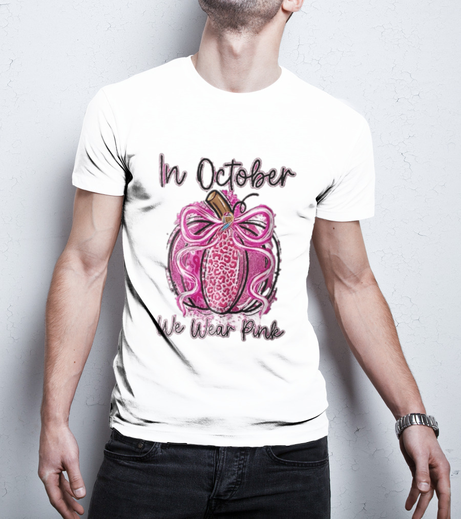 In October We Wear Pink Leopard Pumpkin Breast Cancer Ribbon Bow T-Shirt