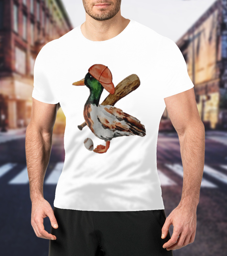 Mallard Duck Baseball Player Red Cap Wooden Bat Watercolor Mallard T-Shirt