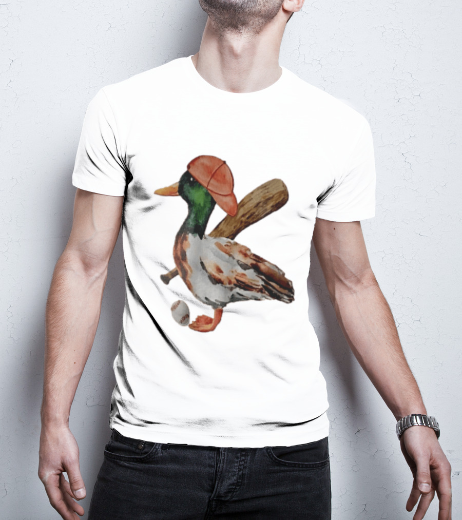 Mallard Duck Baseball Player Red Cap Wooden Bat Watercolor Mallard T-Shirt