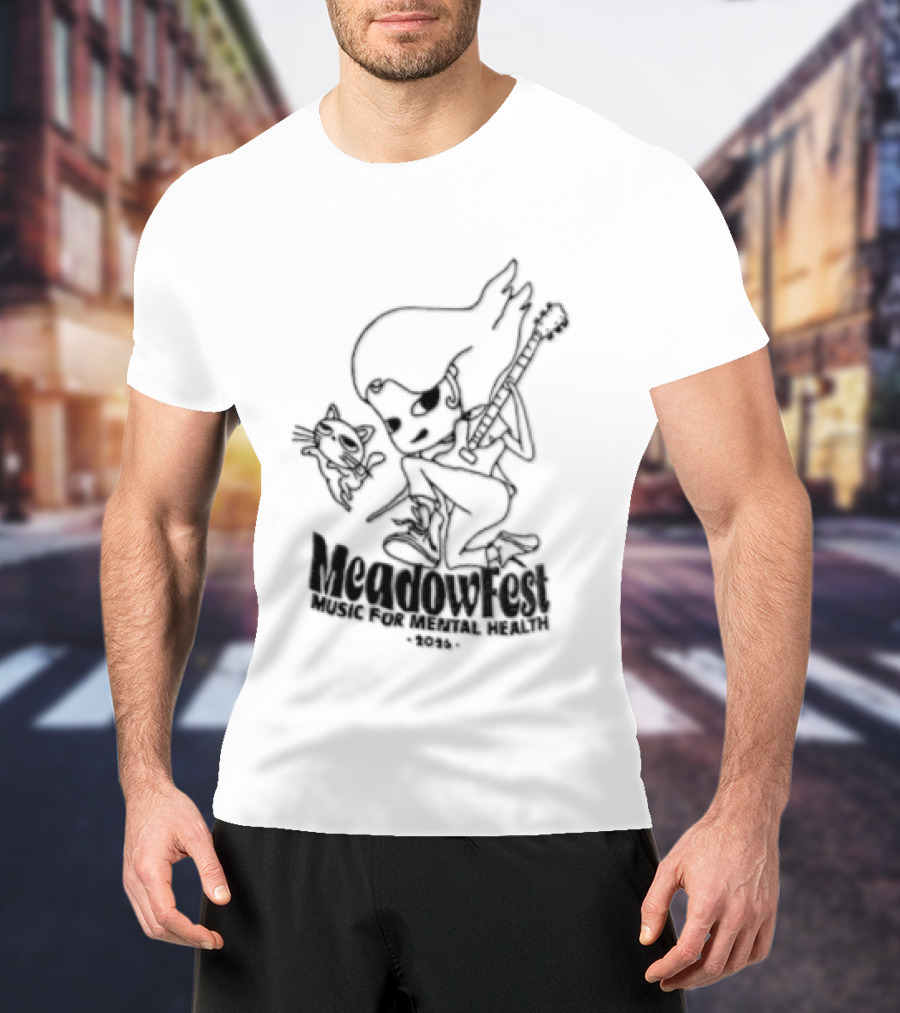 Meadowfest Dancing Cat Line Guitarist For Music And Mental Health T-Shirt