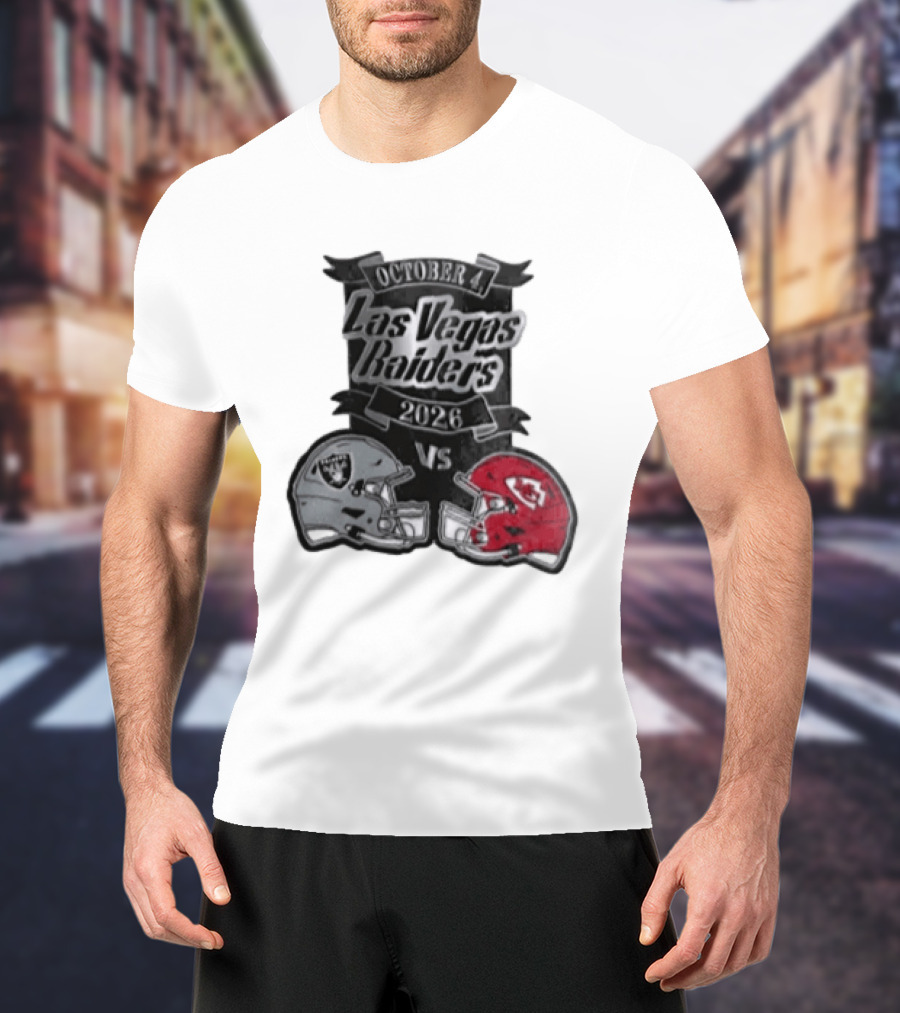 Las Vegas Raiders Vs 2026 October 4 Red Silver Opposing Football Helmets T-Shirt