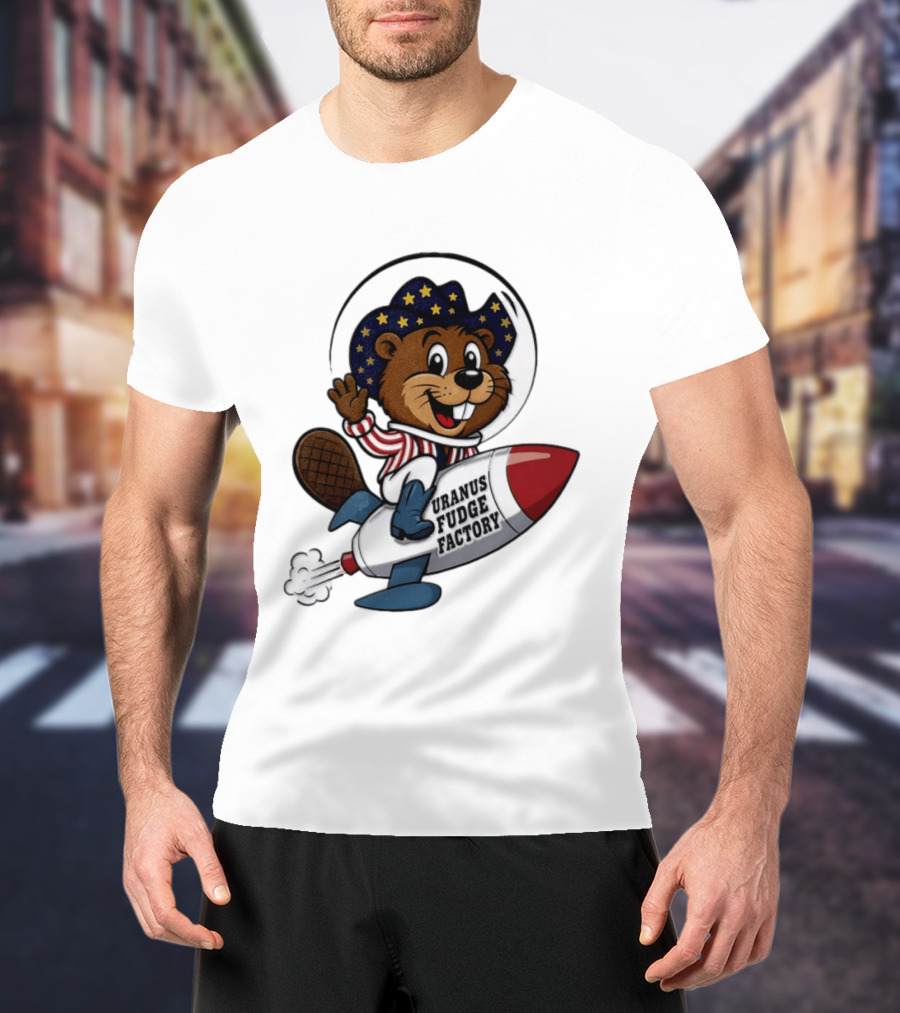 Uranus Fudge Factory Patriotic Beaver Riding Rocket T-Shirt