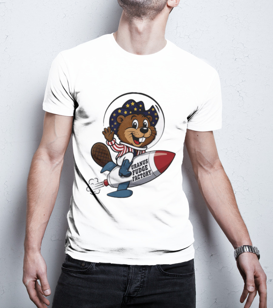 Uranus Fudge Factory Patriotic Beaver Riding Rocket T-Shirt