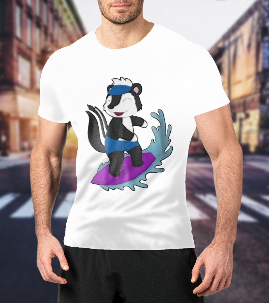 Skunk Surfing Cartoon On Purple Surfboard With Blue Waves And Summer Vibes T-Shirt