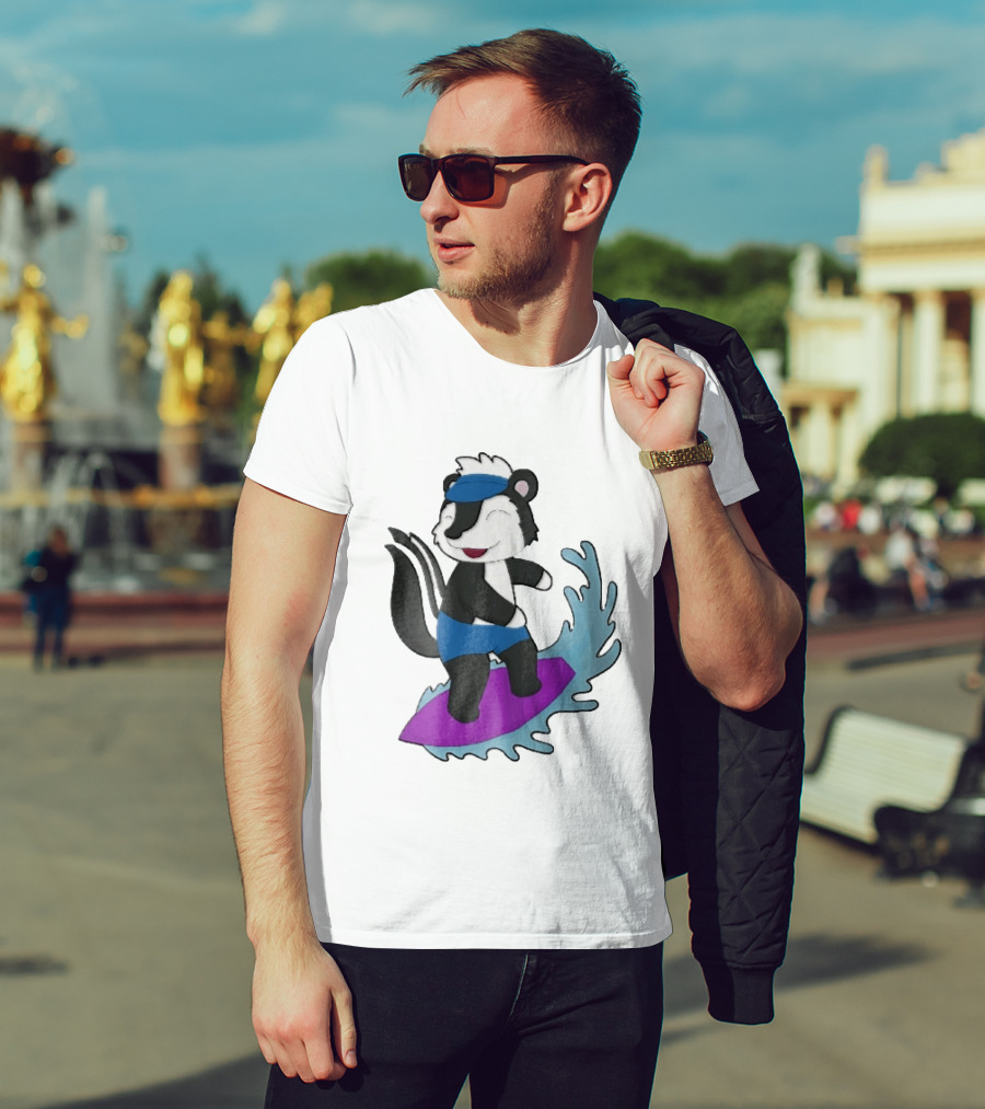 Skunk Surfing Cartoon On Purple Surfboard With Blue Waves And Summer Vibes T-Shirt