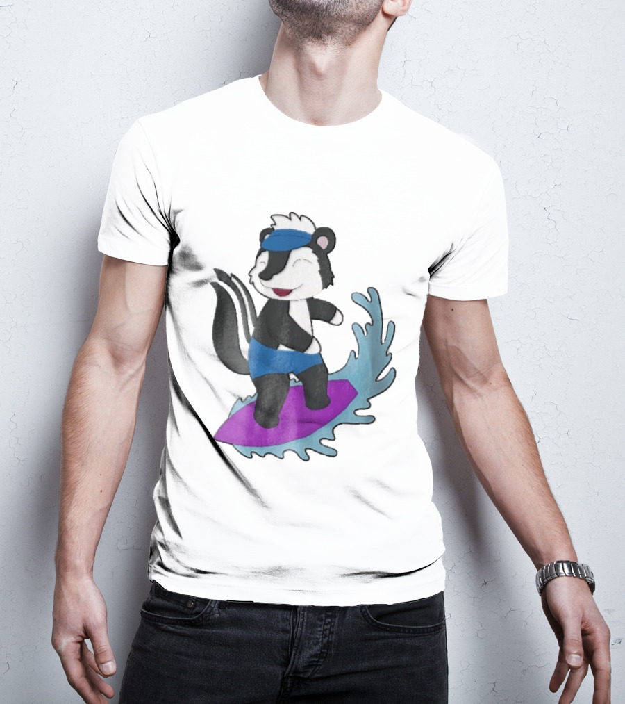 Skunk Surfing Cartoon On Purple Surfboard With Blue Waves And Summer Vibes T-Shirt