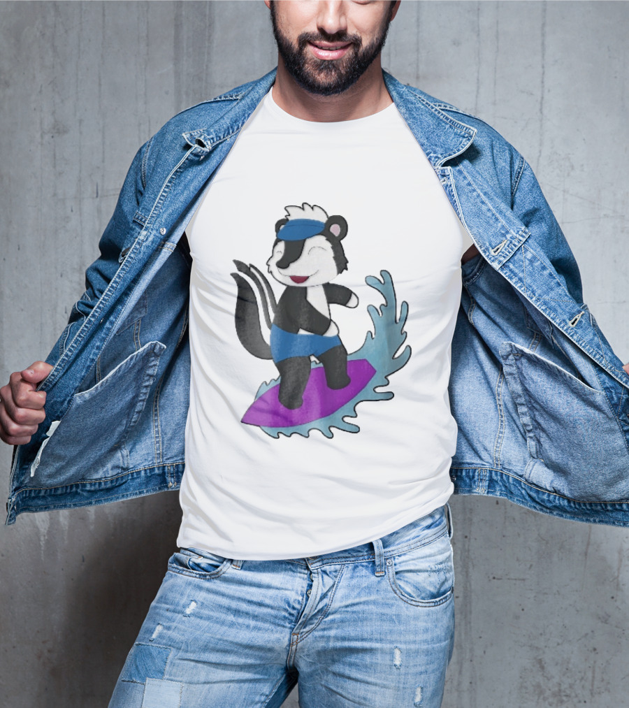 Skunk Surfing Cartoon On Purple Surfboard With Blue Waves And Summer Vibes T-Shirt