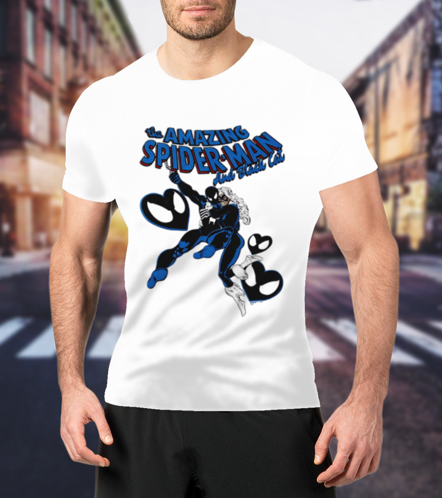The Amazing Spider Man Hugs Black Cat With Hearts T-Shirt
