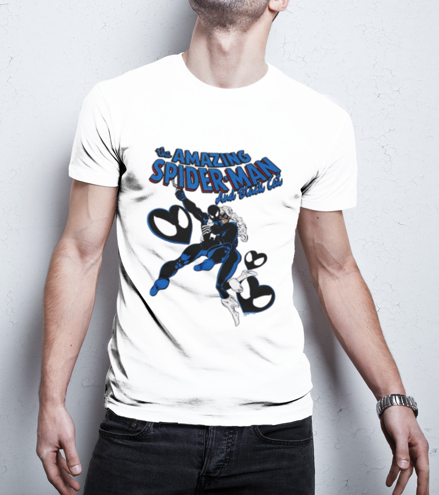 The Amazing Spider Man Hugs Black Cat With Hearts T-Shirt