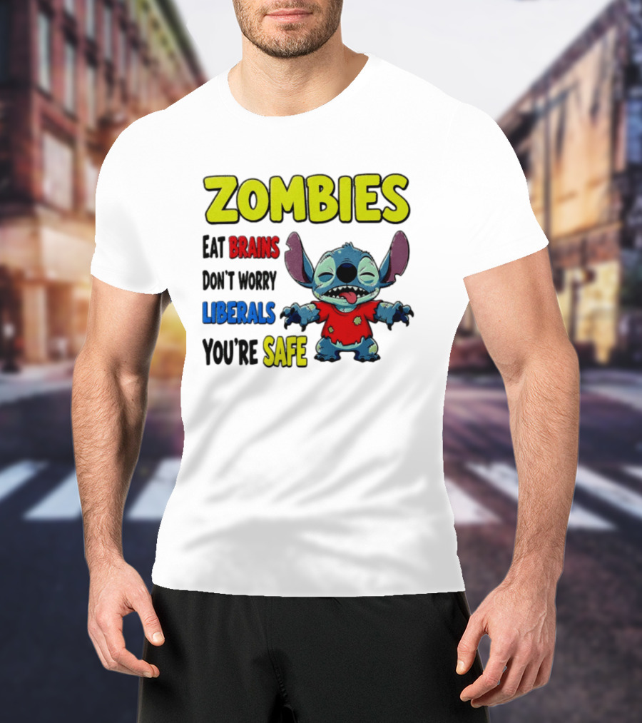 Zombies Eat Brains Don't Worry Liberals You're Safe Stitch Cartoon Creature Stitched Red T-Shirt