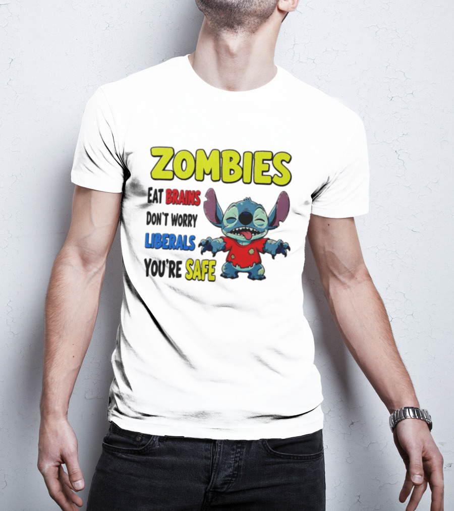 Zombies Eat Brains Don't Worry Liberals You're Safe Stitch Cartoon Creature Stitched Red T-Shirt