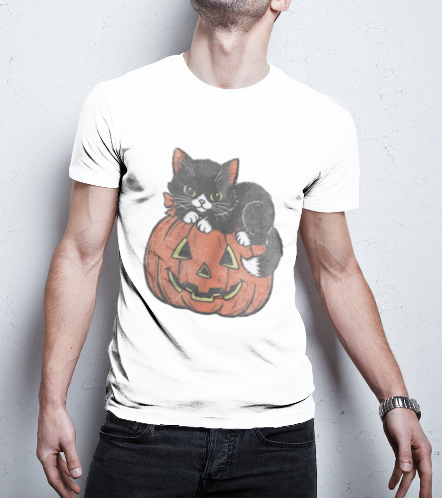 The Pumpkin Cat Halloween Black Cat On Jack O' Lantern T-Shirt