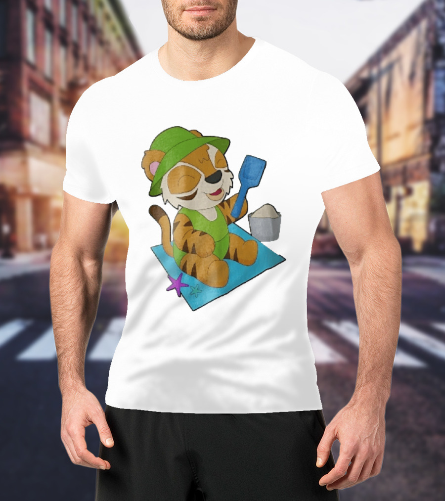Playful Tiger Beach Sand Adventure Summer Scene T-Shirt
