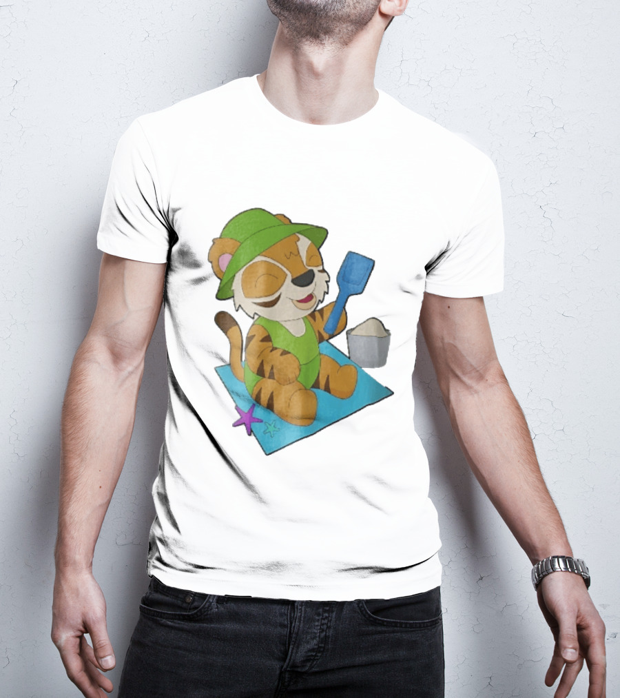 Playful Tiger Beach Sand Adventure Summer Scene T-Shirt