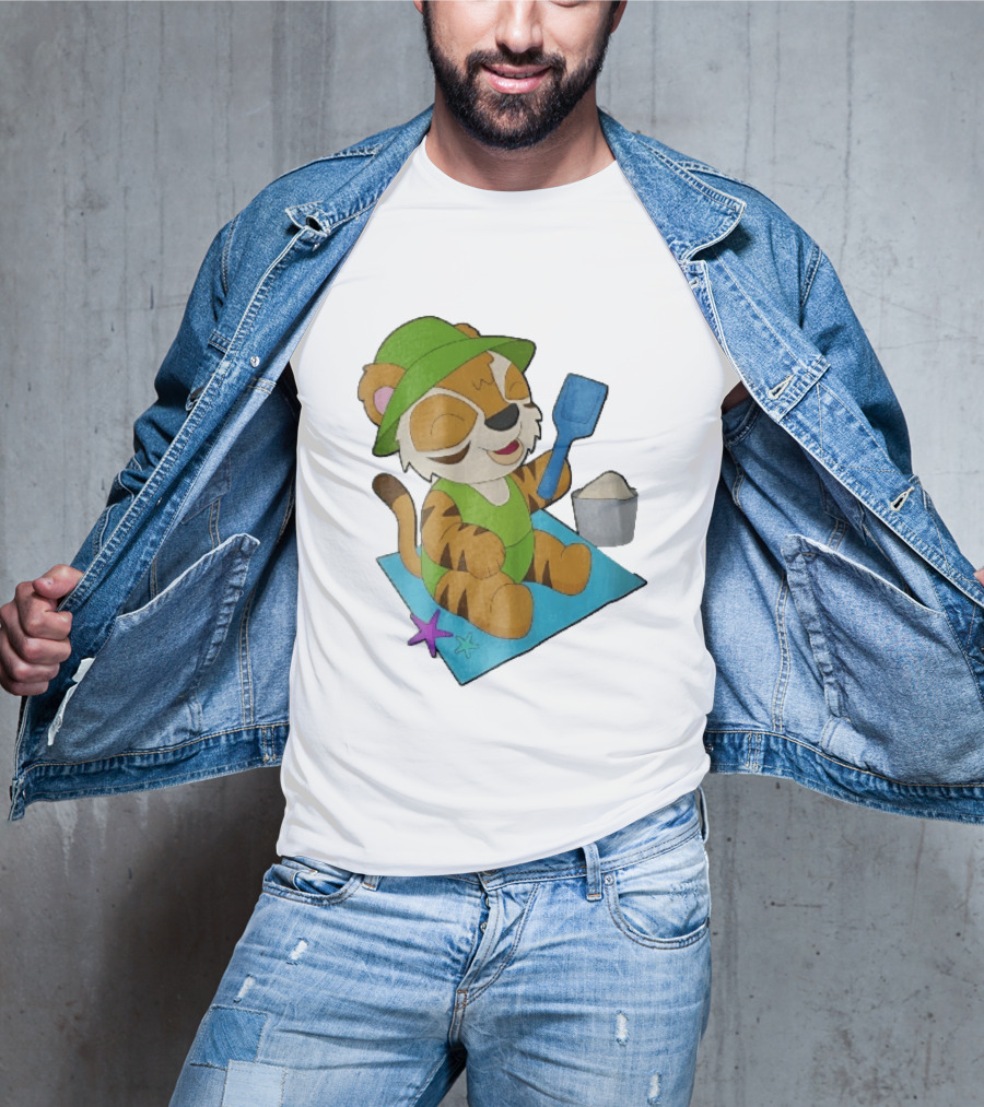 Playful Tiger Beach Sand Adventure Summer Scene T-Shirt