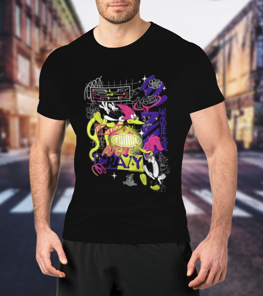 Busy Doing Nothing Everybody Thinks I'm Crazy Woody Woodpecker Walter Lantz Neon Grid Poses T-Shirt