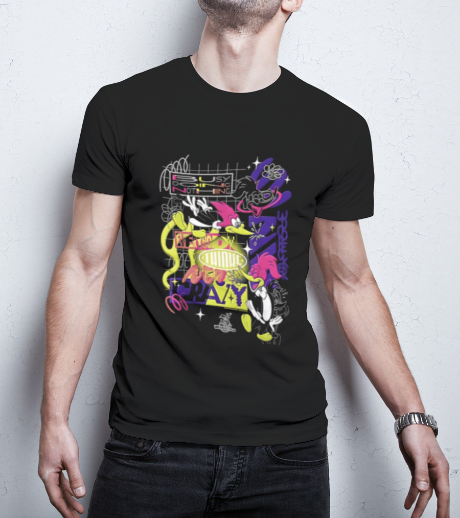 Busy Doing Nothing Everybody Thinks I'm Crazy Woody Woodpecker Walter Lantz Neon Grid Poses T-Shirt