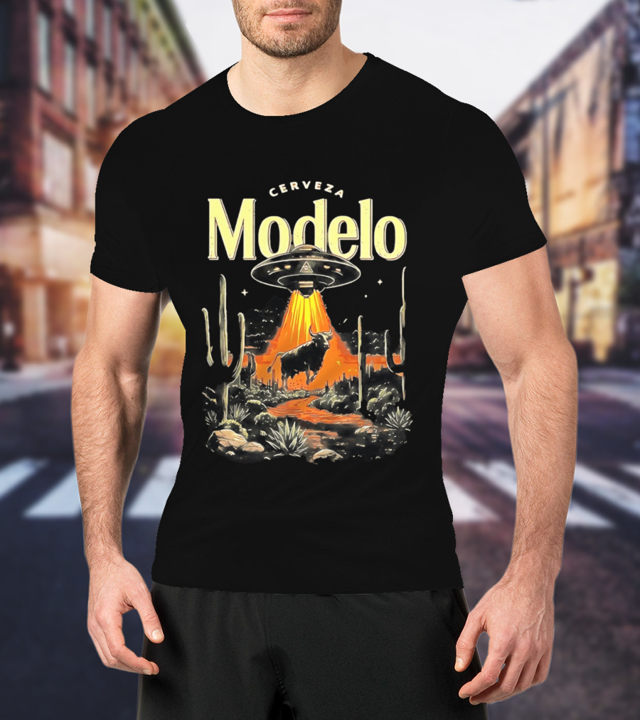 Cerveza Modelo UFO Abduction With Cow And Desert Cactus Scene T-Shirt