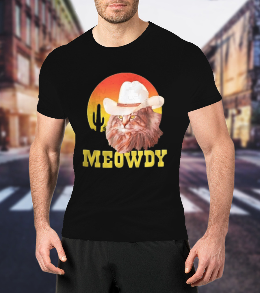 Meowdy Cowboy Cat In White Hat With Sunset And Cactus T-Shirt