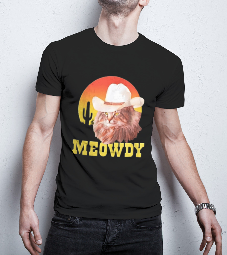Meowdy Cowboy Cat In White Hat With Sunset And Cactus T-Shirt