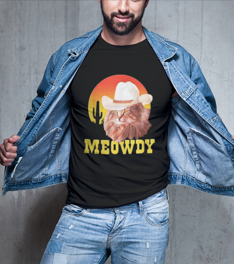 Meowdy Cowboy Cat In White Hat With Sunset And Cactus T-Shirt