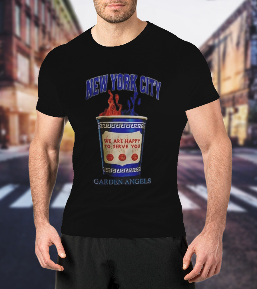 New York City Greek Coffee Cup We Are Happy To Serve You Garden Angels Flaming Basketballs T-Shirt