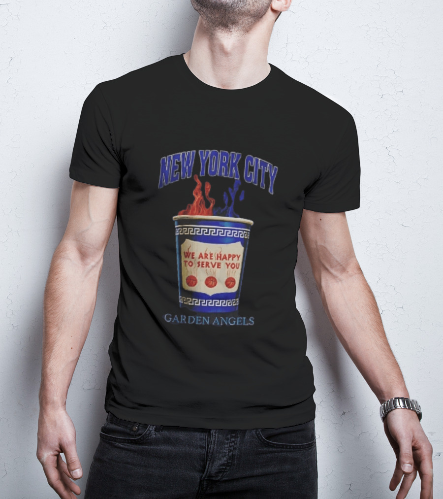 New York City Greek Coffee Cup We Are Happy To Serve You Garden Angels Flaming Basketballs T-Shirt