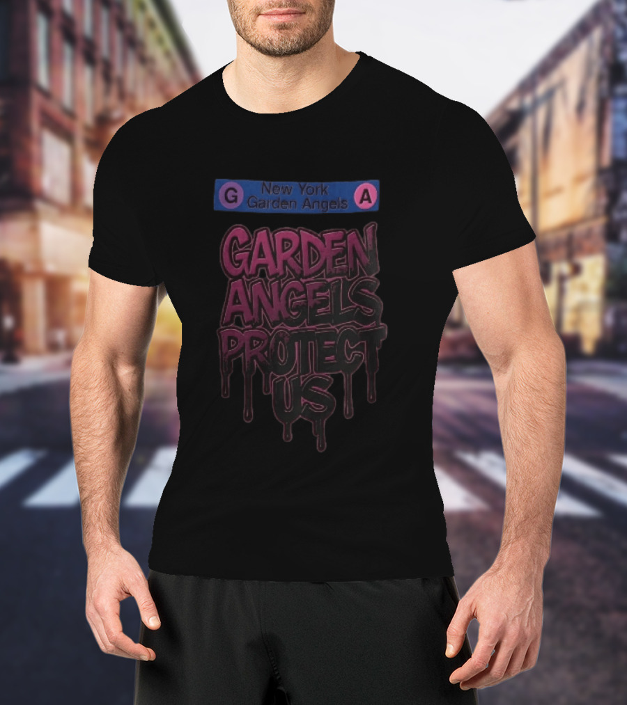 New York Garden Angels Protect Us Dripping Graffiti Subway Sign T-Shirt