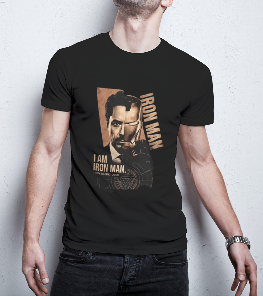 I Am Iron Man Tony Stark 2008 Robert Downey Jr Split Face Iron Man T-Shirt