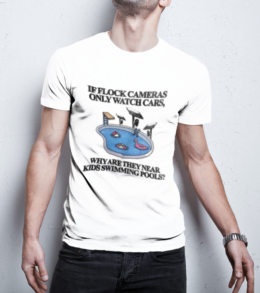 Flock Cameras Cars Near Swimming Pools Pink Flamingo Float Solar Panels Cartoon T-Shirt