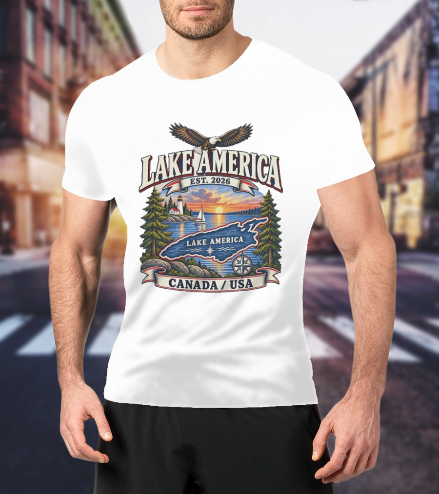 Lake America Est. 2026 Great Lakes Canada USA Scenic Sunset Eagle Sailboat T-Shirt