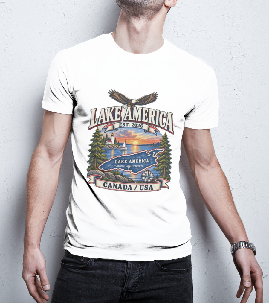 Lake America Est. 2026 Great Lakes Canada USA Scenic Sunset Eagle Sailboat T-Shirt