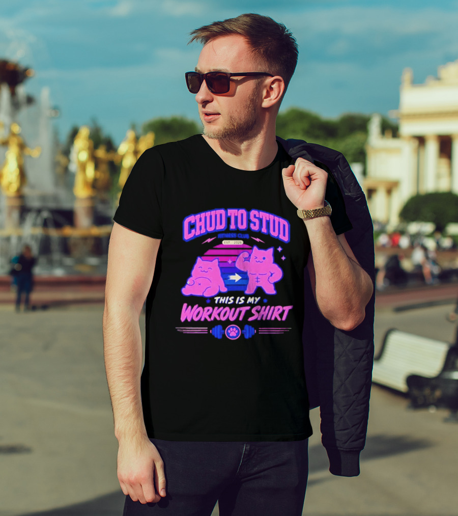 Chud To Stud Fitness Club Workout Transformation With Cute Cats And Paw Print Weights T-Shirt
