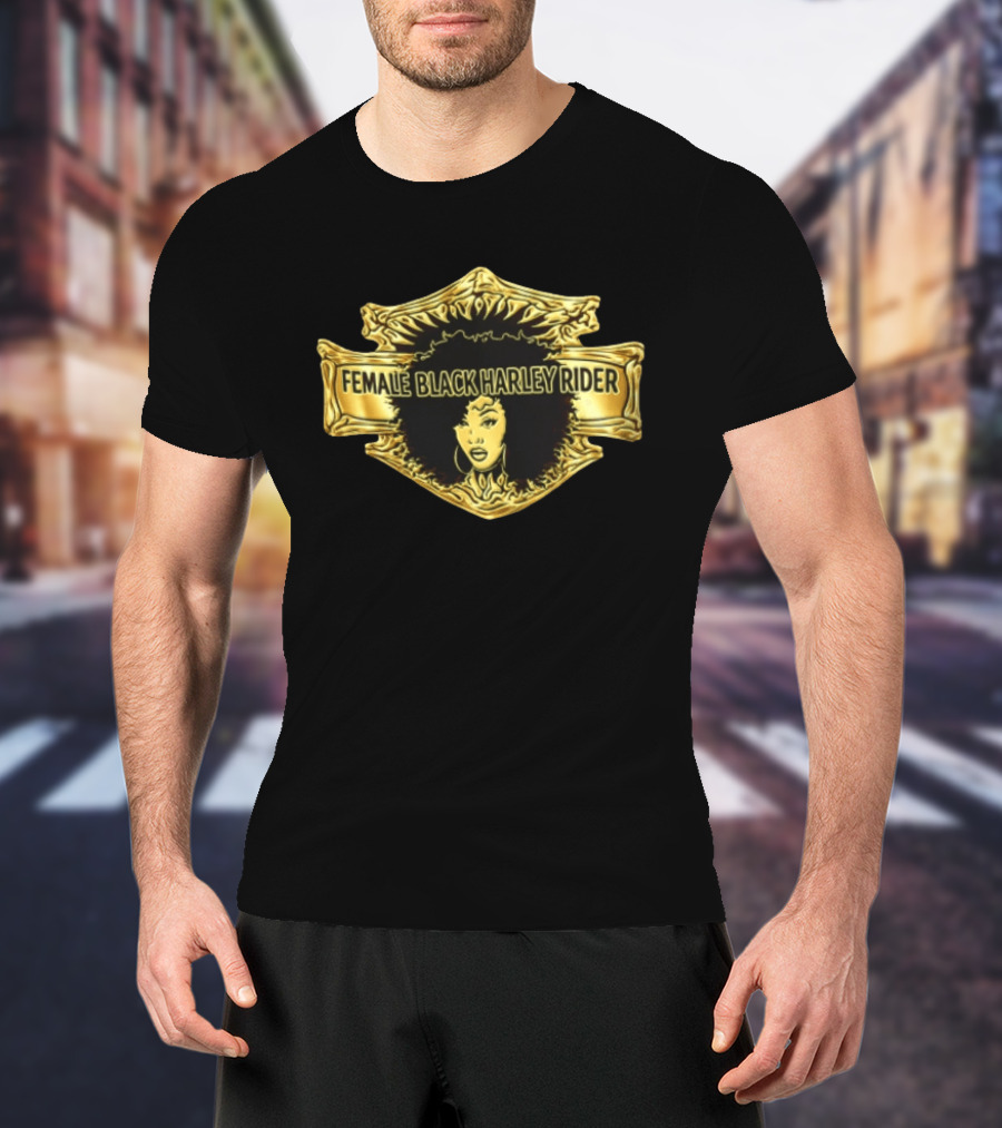 Female Black Harley Rider Gold Ornate Shield Afro T-Shirt